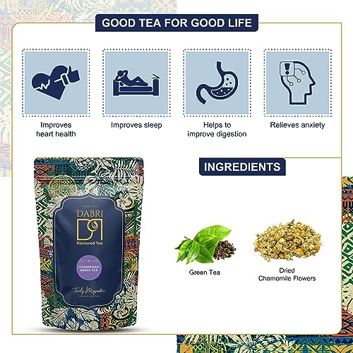 Image of Dabri Chamomile Green Tea 100gm Pouch | Loose Leaf with Natural Chamomile Flowers | Whole Leaf Blend for Stress Relief & Better Sleep | Calming Herbal Tisane | Soothing & Relaxing Wellness Tea