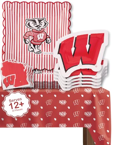 PartyKandy Wisconsin Badgers party supplies with UW tablecloth plates and napkins (37 piece set) for graduation, football tailgating, and birthday party decorations (Serves 12) (Wisconsin Badgers)