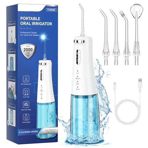 travel-ready 300ml cordless water flosser for teeth  ipx7 waterproof 4 pressure modes amp 2000mah battery for deep cleaning at home or on-the-go blue amp white