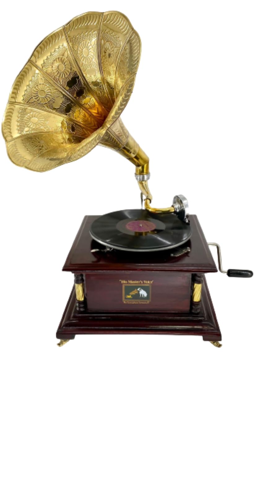 Grammofono con tromba in ottone HIS MASTER'S VOICE riproduzione quadrato con inserti dorati artigianato Made in Italy