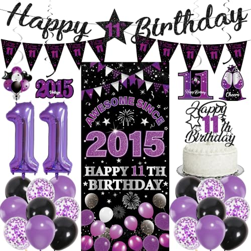 11th Birthday Decorations Girls Kit - 27 Pcs Black Purple Happy 11th Birthday Banner Triangular Flag Hanging Swirls Backdrop Cake Topper 11 Balloon Set for 11 Years Old Party Decoration Supplies