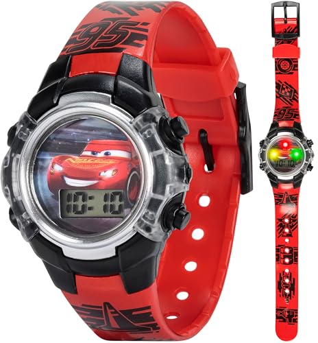 Disney Pixar Cars Kids Watch – Flashing Dial Lights, LCD Display, Adjustable Plastic Strap – Perfect for Boys and Girls