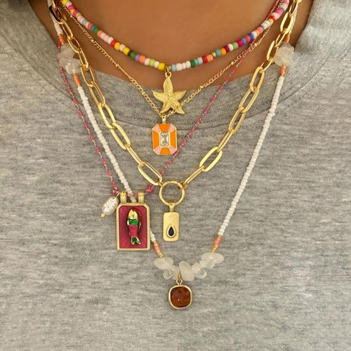 Pendant Necklace Set Bohemian Style Beaded Fish Star 5 Layered Collarbone Chain, Handcraft Jewelry Accessory for Vacation Party Daily Accessories2