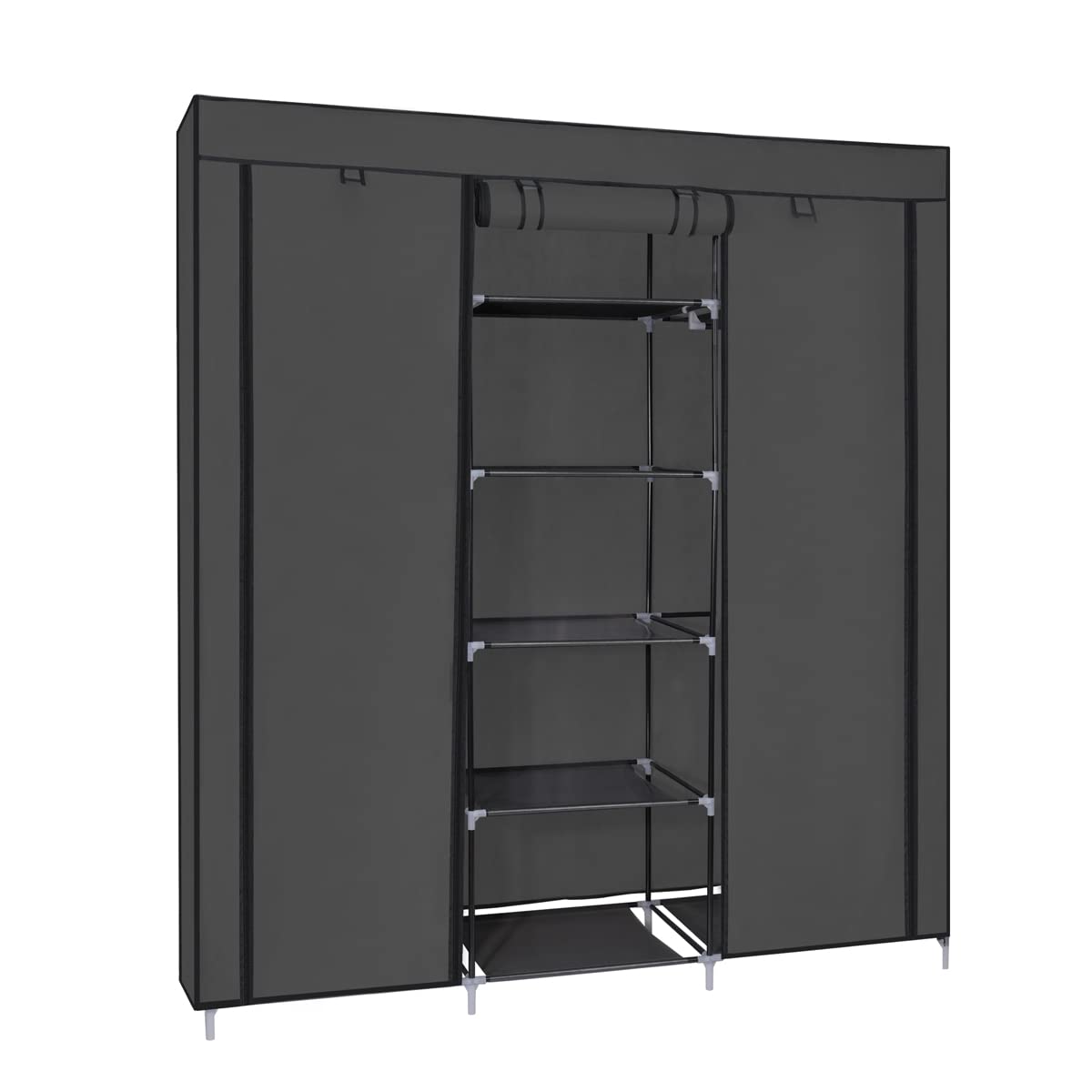 T-LOVENDO.ES Armario de Tela ropero estantería con Cremallera Plegable Modular portátil Grande 175 x 150 x 45 cm. Tubos de Acero para Perchas. Varios estantes Robusto y Estable. Negro