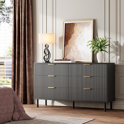 Garvee Fluted Dresser with 6 Drawers, 29.9'' Tall Closet Dresser Organizer with Anti-Tipping Device, Wood Chest of Drawers with Storage and Metal Legs for Bedroom, Entryway, Small Spaces,Black