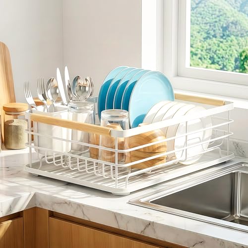 JUPPLIES Escurreplatos de Acero Inoxidable 41.5x31x11cm con Soporte para Utensilios Extraible, Portavasos y Estante de Gran Capacidad - Escurridor de Platos con Bandeja de Goteo (Blanco)