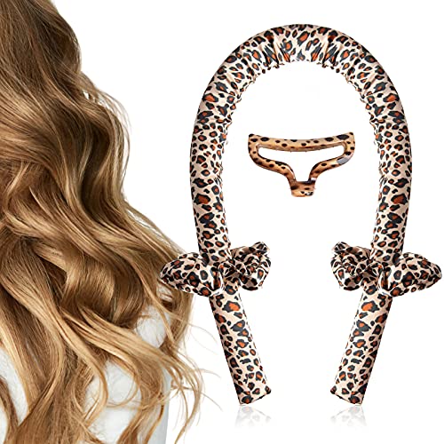 Heatless Curling Rod Headband - Overnight No Heat Curlers for Long Hair with Hair Clips & Scrunchie, TikTok Sleeping Heatless Hair Curler Silk Ribbon Rollers Kit for Soft Hair (Leopard)