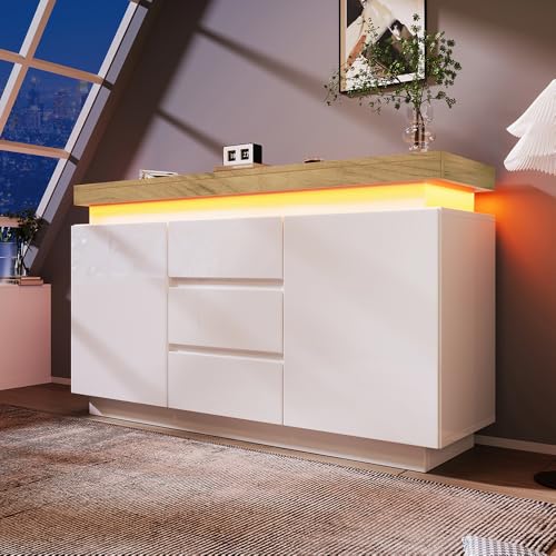Sweiko Commode, Sideboard Buffet Brillant avec 2 Portes et 3 tiroirs, éclairage LED (App Control), Meuble Polyvalent pour Le Salon et la Chambre à Coucher (81 x 140 x...
