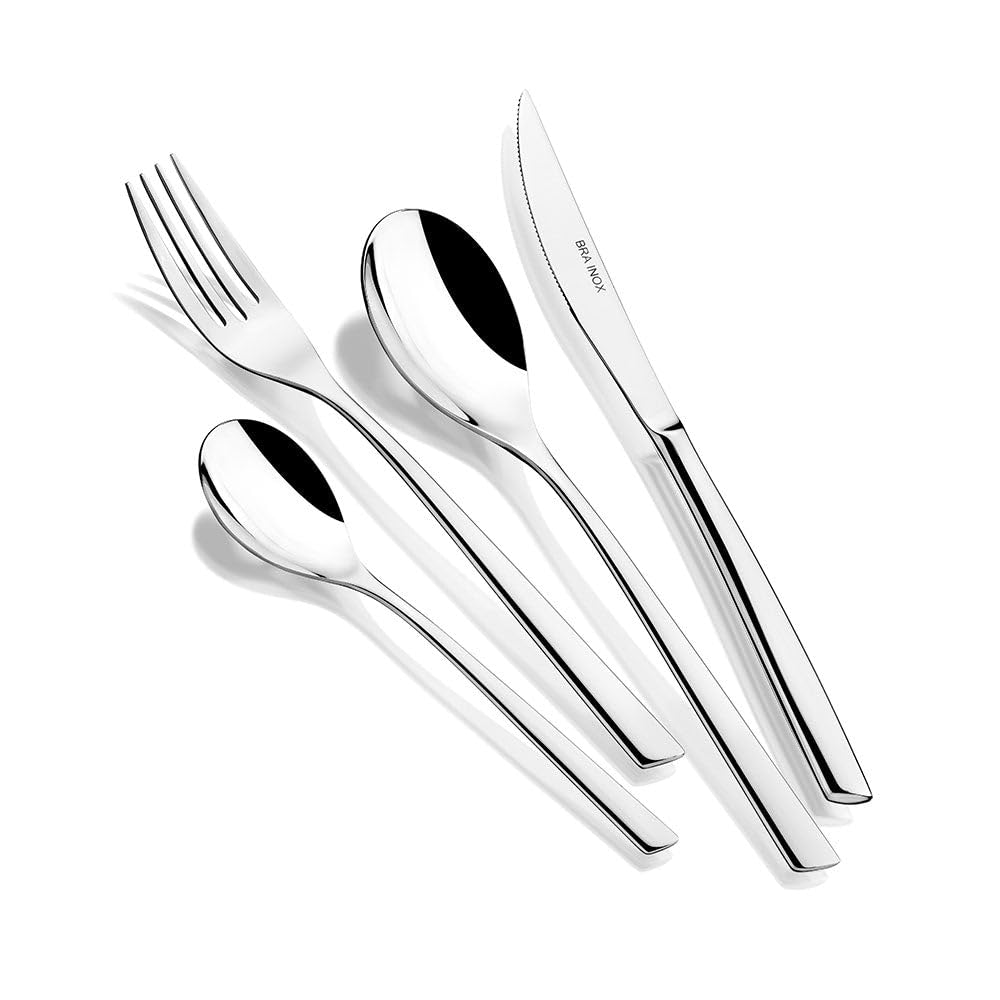 BRA Bari | Set di posate di 24 pezzi di acciaio inossidabile con coltello da bistecca, acciaio inossidabile 18/10, design contemporaneo, finitura lucido brillante, spessore 3.5 mm (6 persone)