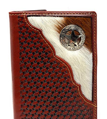 Texas West Men's Cow Fur Cowhide Genuine Leather Chrome Star Basketweave Bifold Wallet in 3 Colors (Brown)2