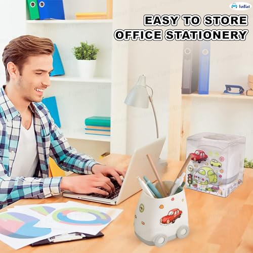 Image of FunBlast Pen Stand for Study Table, Car Stationary Organizer with Kawaii Stickers, Pen Stand for Kids & Girls, Desk Organizer, Birthday Return Gifts for Kids (White)