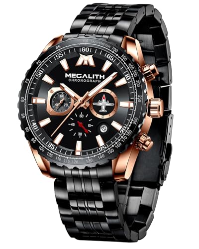 MEGALITH Wrist Watches for Man Black: Analog Classic Waterproof Stainless Steel Chronograph Dial Quartz Date Luminous Hands Mens Casual Watches