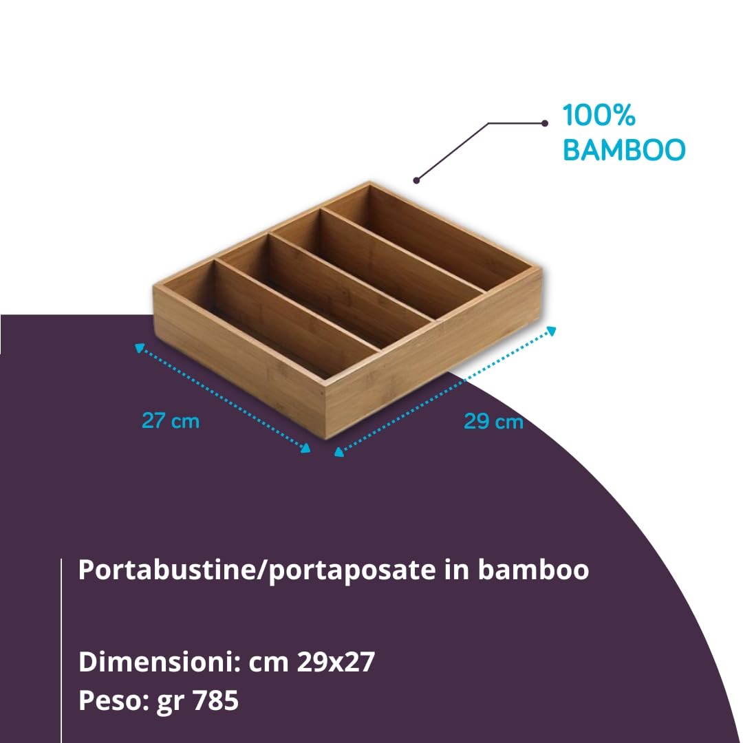 MAQA portaposate da cassetto in Bambù, 4 Scomparti, Marrone (29x27 cm) Porta Posate da Cassetto, Organizer Cassetti Utensili Cucina, Porta Spezie, Porta Cialde Caffè, Porta Mestoli, Accessori Cucina