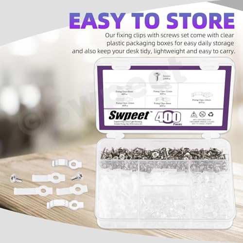 Image of Swpeet 400Pcs 8mm /10mm /12mm White and Clear LED Strip Light Mounting Brackets with Screws Assortment Kit, One-Side Fixing Clips Mounting Clips Clamps