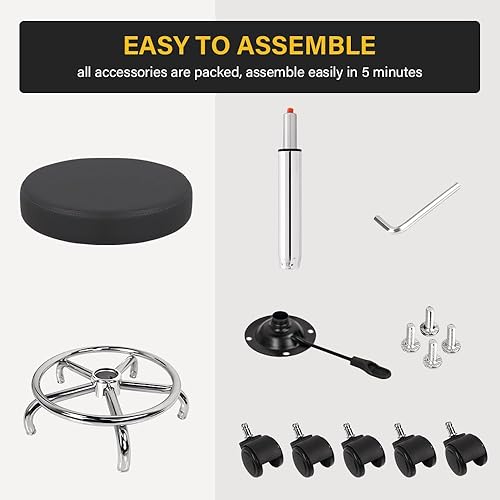 Miniatura 7 de Taburete redondo con reposapiés, de piel sintética, altura ajustable, taburete giratorio de 360 con ruedas, taburete de oficina, silla de trabajo de