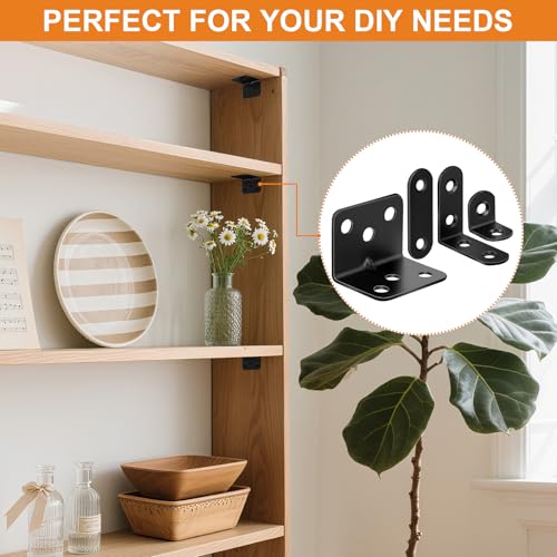 Image of 34 Pack L Bracket Corner Brace Kit, 4 Sizes Stainless Steel L Brackets for Wood Shelves, 90 Degree Right Angle Bracket, Black Metal Corner Brackets for Furniture Cabinet Drawer Chair with 104 Screws