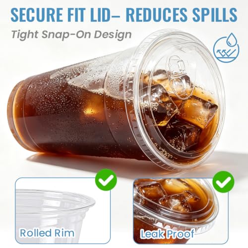 Image of Ginkgo 100 Pack 24 oz Clear Plastic Cups with Strawless Sip Lids