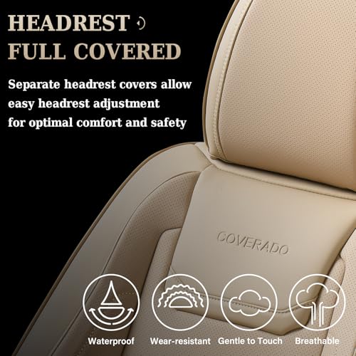 Image of Coverado Car Seat Covers, Front Covers for Cars, Car Seat Cover Front Seats, Car Seat Protector Waterproof, Leather Car Seat Cushion, Universal Interior Covers Seat Protectors for Most Cars Beige