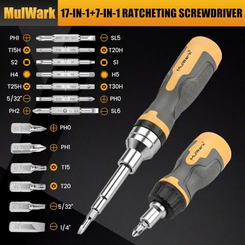 Image of MulWark 2-Piece Ratcheting Screwdriver Set, 16-in-1 Standard & 7-in-1 Stubby, Premium S2 Steel Phillips Torx Slotted Bits, 3-Position Ratchet & Dual Lock, Tool for Professionals & DIY