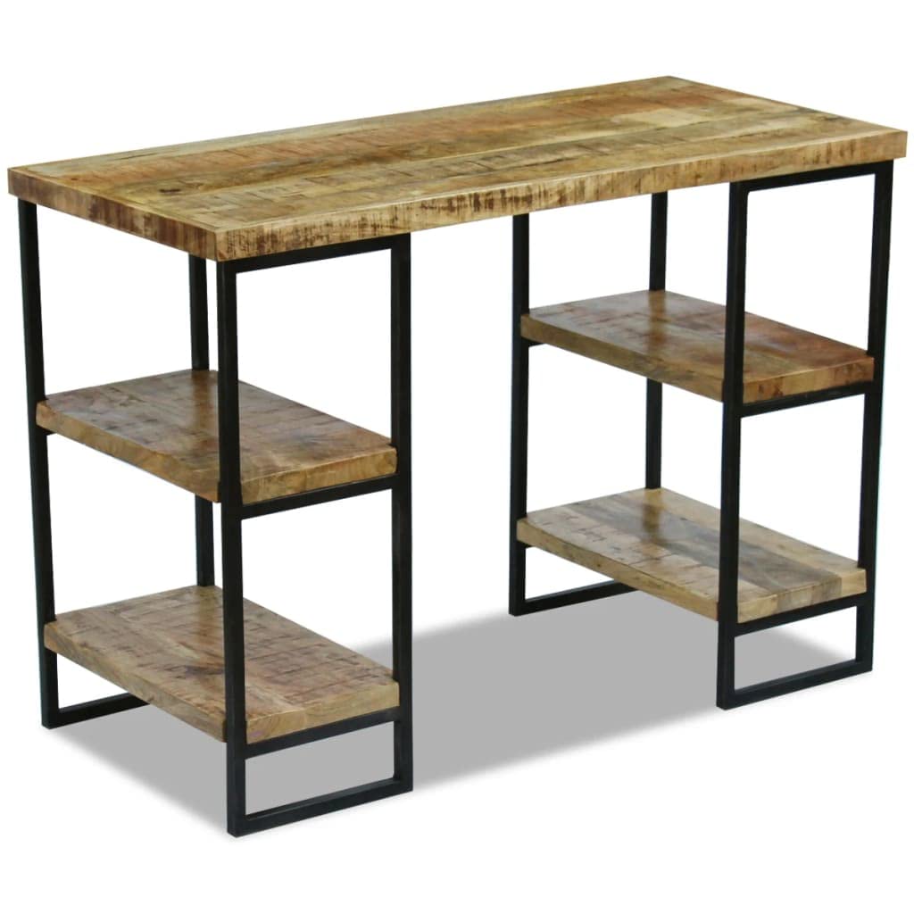 Scrivania industriale in legno di mango massiccio con struttura in acciaio, 110 x 50 x 76 cm, scrivania per computer con due scomparti per lato per libri e blocchi appunti