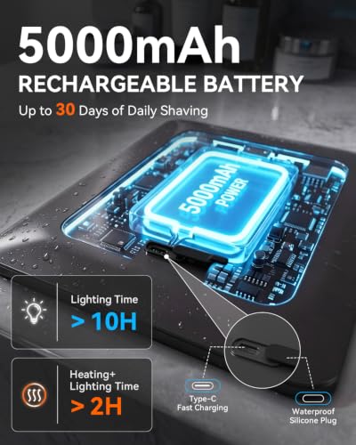 Image of Heated Shower Mirror Fogless for Shaving with 3-Color Dimmable LED Lights, Rechargeable, 360 Degree Adjustable, Drill-Free, All-in-One Storage Tray Holds Shaving Foam, Brush and 2 Razors, Black