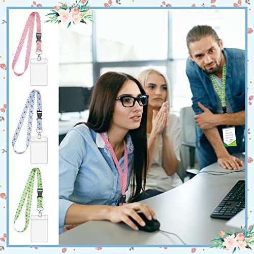 3 Set Lanyard with Card Holder ID Holder Lanyard with Waterproof PVC Card Holder Neck Strap Lanyard for Women Teachers Office School Girls Supplies (Flowers)