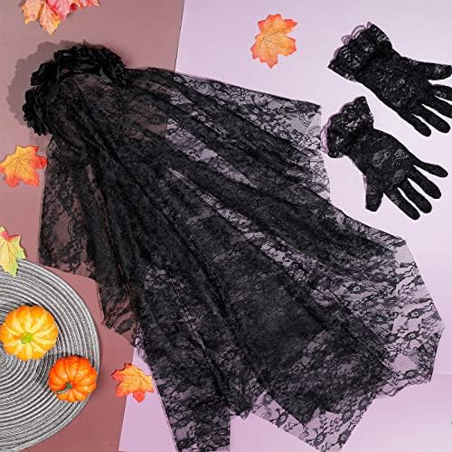Halloween Veil Headband Black Lace Short Gloves Set Elegant Elastic Rose Floral Festival Headwear Black Lace Gloves Flower Veil Headpiece for Girls Ladies Women Wedding Party Prom Hair Accessories