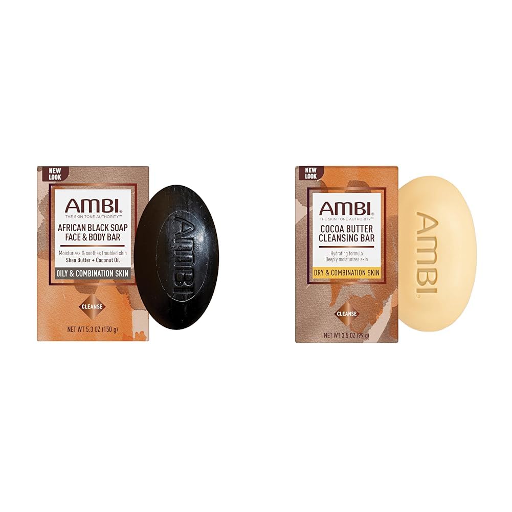 Ambi African Black Soap Face & Body Bar, 5.3 Ounce Cocoa Butter Cleansing Bar, 3.5 Ounce Skin Care Bundle