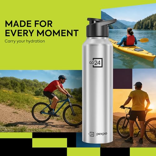 Image of Water Bottle 1 ltr Go24 Stainless Steel Sports /Fridge Bottle with Sipper Cap (Pack of 6)| Single Wall | For Home, Office, Gym, Travelling | Lightweight | Craft Pro 950ml | Silver