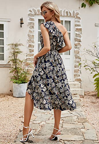 Lamilus Women's One Shoulder Midi Dress Sleeveless Casual Summer Ruffle Boho Floral Print High Low Party Beach A-Line Dresses With Pockets (S, Flower 01-L105) #TOP5