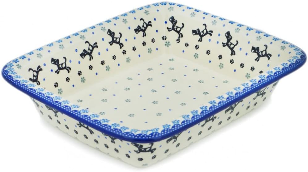 Polmedia Polish Pottery Rectangular Baker - Playing Pups Pattern Handmade in Boleslawiec Poland by Ceramika Artystyczna + Certificate of Authenticity