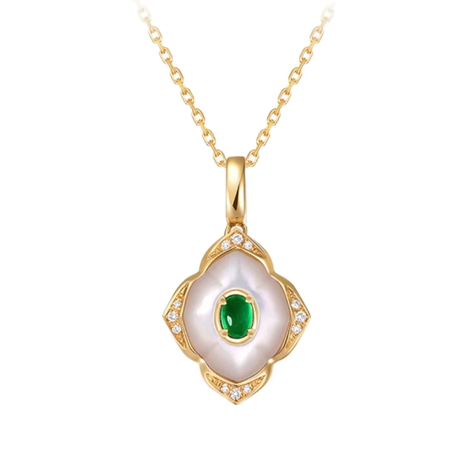 Anhänger Halskette Damen, Modeschmuck Kette Lang Grün Smaragd 0.15 Karat Echter Schmuck 9/14/18 Karat Gelbgold mit Diamant