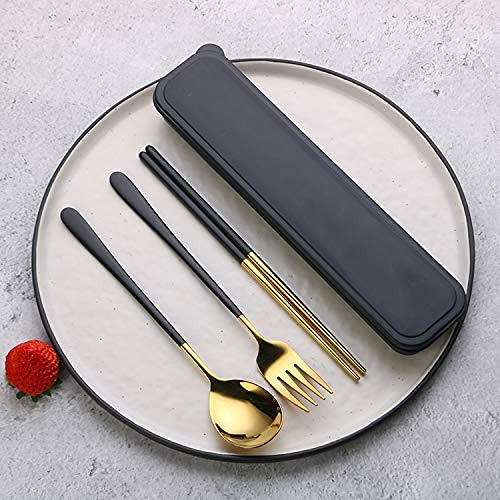 CherryBox Premium Spoon Fork & Chopstick Set – Flatware Dinnerware Cutlery Tableware Set – Gold Plated 304 Stainless Steel (Black)
