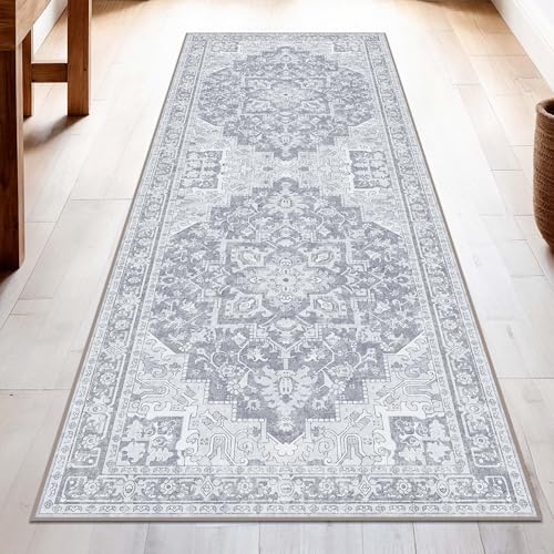 Washable Runner Rug 2.5x8 | Non Slip Rug Runners for Hallways, Entryways, Kitchens, Bathrooms, Bedrooms | Ultra-Soft Flannel Carpet Runners with Rubber Backing (Glacier Grey, 2.5x8)