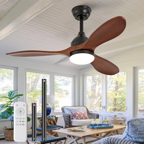 Image of OKDNEG 42 Inch Ceiling Fans with Lights and Remote, 3 Wood Fan Blades Ceiling Fan,3CCT Dimmable,Timer,Quiet DC Motor,6 Speed,Indoor Outdoor Ceiling Fan for Offices Farmhouse Gazebo Patio