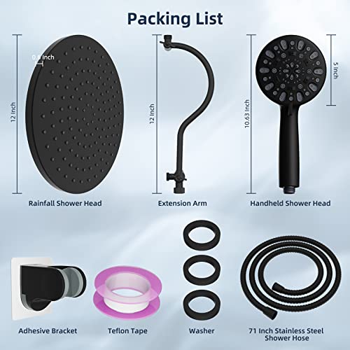 Hibbent 12 Inch High Pressure Rainfall Shower Head/Handheld Showerhead Combo With 12 Inch Adjustable Curved Shower Extension Arm,7-Spray,71-Inch Hose Adhesive Showerhead Holder,Matte Black #TOP5