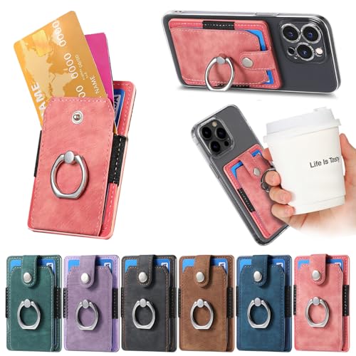 Figffotto Card Holder for Phone Case Ring Stand Stick on Phone Wallet Ultra-Slim Self Adhesive Credit Card Holder for Back of Phone RFID Blocking Ring Pocket Wallet Stick on Most Smartphones Pink