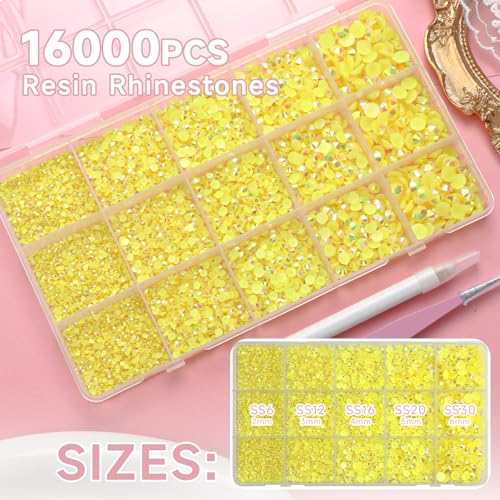 Image of 16000Pcs Flatback Yellow Gems Resin Jelly Rhinestones for Crafting Tumblers | Mixed Sizes Yellow Bedazzling Crystal with Pickup Tool for DIY Crafts Clothing Tumblers Mugs Shoes Fabric Nail Art Makeup