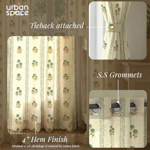 Image of Urban Space 100% Cotton Floral Curtains 8 Feet Long Set of 2, 60-65% Room Darkening, Decorative Curtains with Eyelets /Rings for Hanging, Tieback Included (Grove Sage Green, Long Door - 8 Feet)