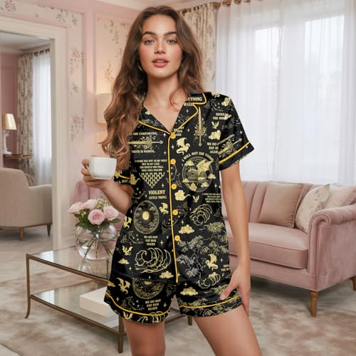 Image of Women 2PCs Satin Pajama Set Short Sleeve Silk Feel Gift Sleepwear | Soft stretch satin; relaxed comfort fit sizes S-3XL for sleep & lounge; short sleeve top, elastic waist shorts; easy care