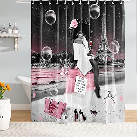 TYAKASHA African American Woman Shower Curtain Pink Bag Perfume Eiffel Tower Bubble Waterproof Polyester Fabric Bathroom Decoration Quick Dry 72 x 72 Inches with 12 Hooks Cover