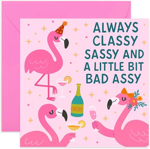 Funny Flamingo Birthday Cards for Women Classy Sassy and Bad Assy Cute Design for Her - Bestie BFF Daughter - Square Blank Inside with Premium Envelope