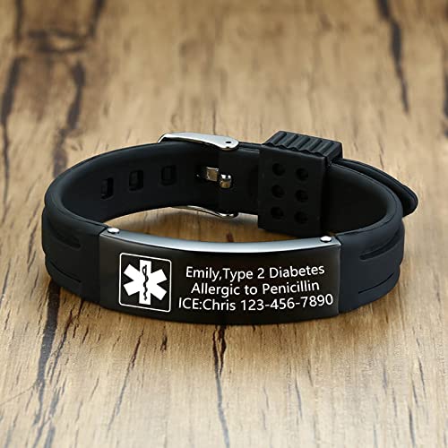 Vnox Customize Emergency Jewelry Medical Alert Id Black Silicone Rubber Stainless Steel Adjustable Bracelet #TOP4
