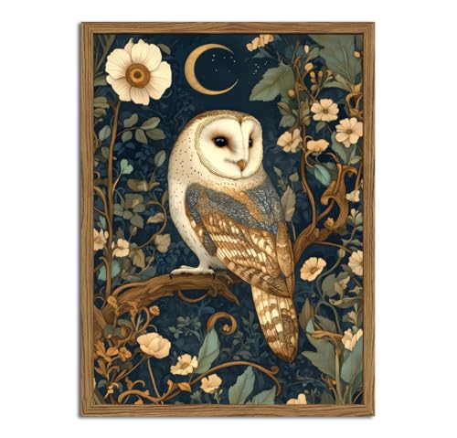 Dark Academia Owl and Flower Wall Art Vintage Barn Owl Wall Decor Painting Whimsical Cottagecore Woodland Wildlife Poster Canvas Print for Bedroom Living Room 16x24 inch Wood Framed