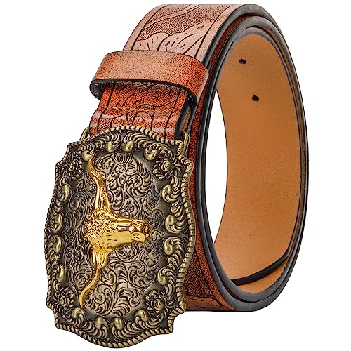 UTOWO Western PU-Leather Cowboy Buckle Belt for Men and Women Jeans Engraved Floral Longhorn Bull Buckle Belt (25-38