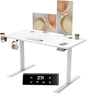 Devoko Height Adjustable Electric Standing Desk, 140 x 60cm, Adjustable Desk Stand up Desk Sit Stand Desk with Cup Holder and Headphone Holder, 2 Splice Board,White Frame+White Top