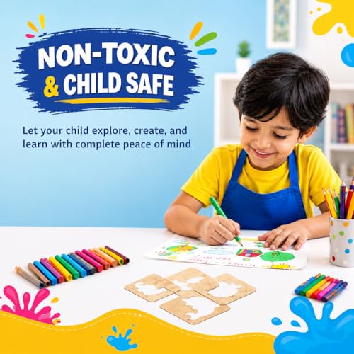 Image of Pandaworld Kids Wooden Painting Stencil kit (20 pcs) with Crayons, Sketch pens and Pencil Colors, Wooden Drawing Craft, Colouring Puzzle kit | Birthday Gift for Boys & Girls Age 3 4 5 6+ Years