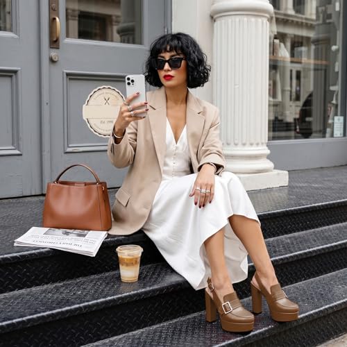 Image of Women's High Heel Loafers Platform Pumps Round Toe Heels Chunky Heel Pumps Stylish Comfortable 4.8 Inch Slingback Heels