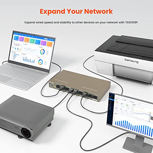 Image of Tenda 9 Port Gigabit PoE Switch, Network Switch with 8 Port PoE+@102W, 1*Gigabit Uplink, Plug & Play, VLAN /Extend Mode, for IP Cameras /VoIP Phones, Sturdy Metal, Wall Mount (TEG1109P)