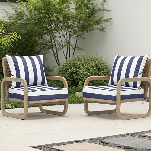 Image of 24x24 Outdoor Chair Cushions Set of 4, Waterproof Deep Seat Cushions for Patio Furniture with Removable Cover, Fade Resistant 4'' Outdoor Seat Cushion w /Ties&Handle for Sofa Loveseat,Blue Stripes